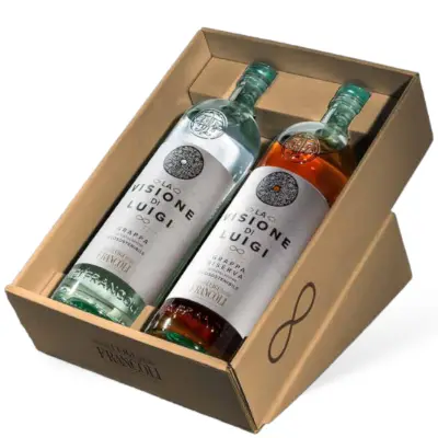 DOPPIA VISIONE di Luigi Francoli set 2 Bottiglie da 700ml Grappa Bianca e La Riserva