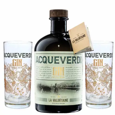 GIN ACQUEVERDI La Valdotaine -Bottiglia + 2 Bicchieri CONFEZIONE REGALO1000ml