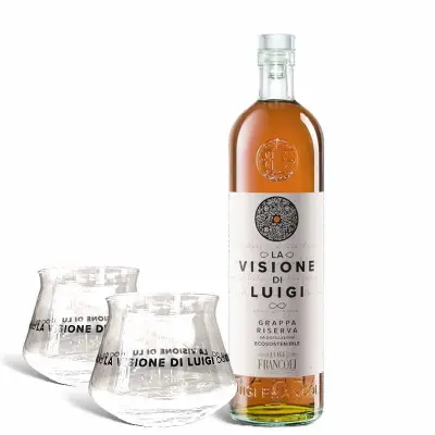 La Visione di Luigi Francoli set Grappa La Riserva 700ml + 2 Bicchieri