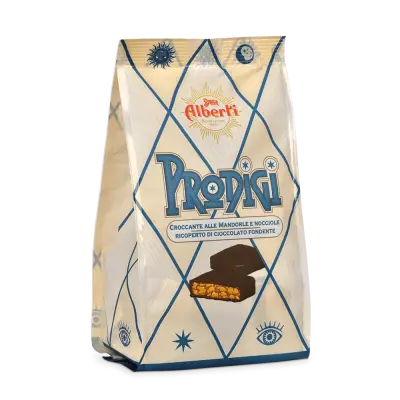Prodigi - Mandel-Haselnuss-Krokant, umhüllt von dunkler Strega-Schokolade, 150 g