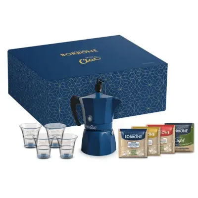 Moka Ciao Borbone Special Edition Geschenkbox – Kaffeemaschine mit 30 Pads + 4 KOSTENLOSE Gläser