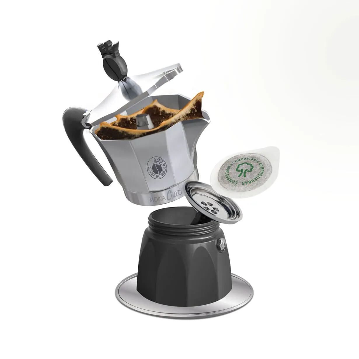 Moka Ciao Borbone - Caffettiera 3 tazze per Fornelli a Gas e Induzione con 15 Cialde OMAGGIO