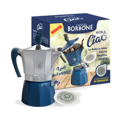 Moka Ciao Borbone - Caffettiera 3 tazze per Fornelli a Gas e Induzione con 15 Cialde OMAGGIO Colore Grigio e Blu