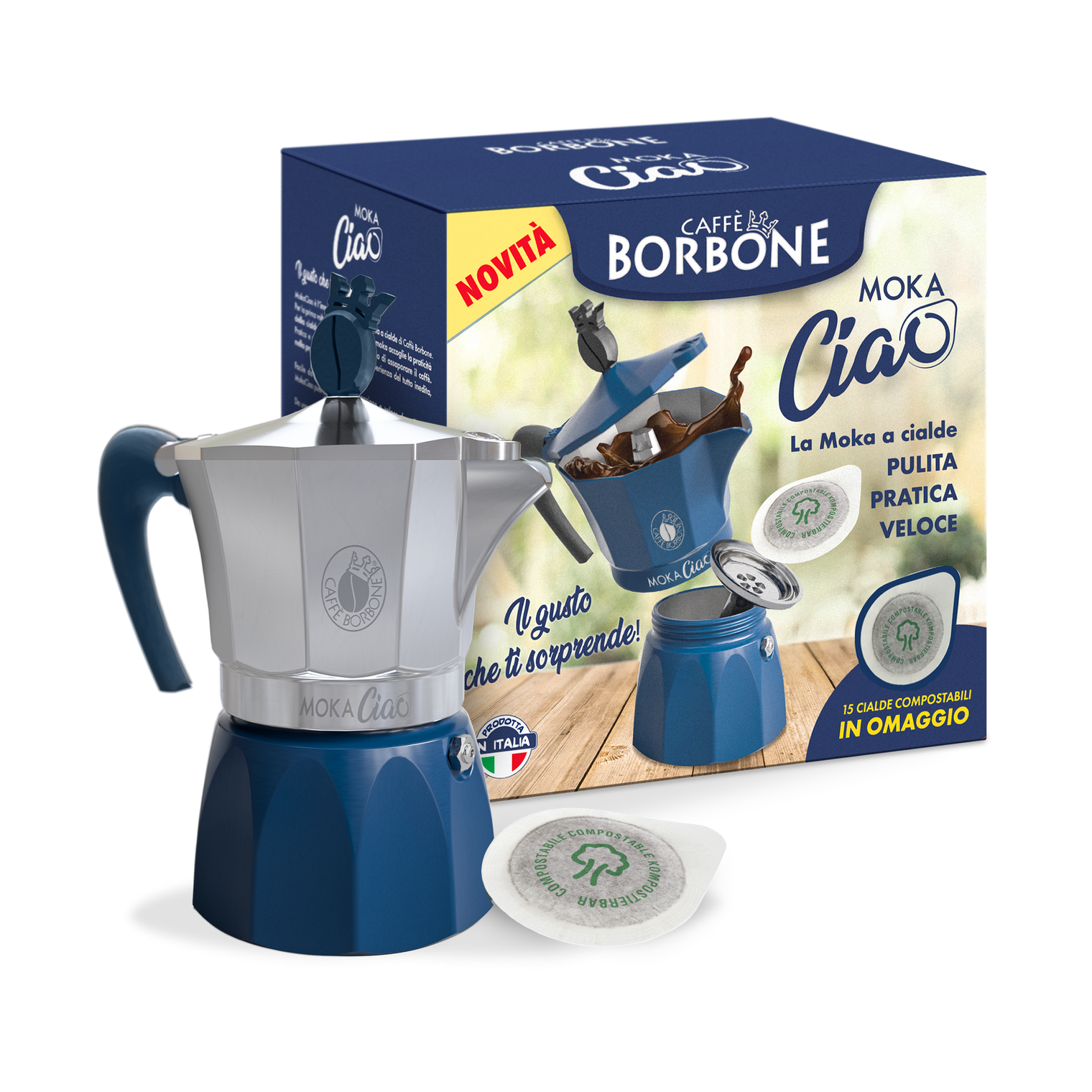 Moka Ciao Borbone - 3-Tassen Kaffeebereiter für Gas- und Induktionsherde mit 15 GRATIS Kaffeepads