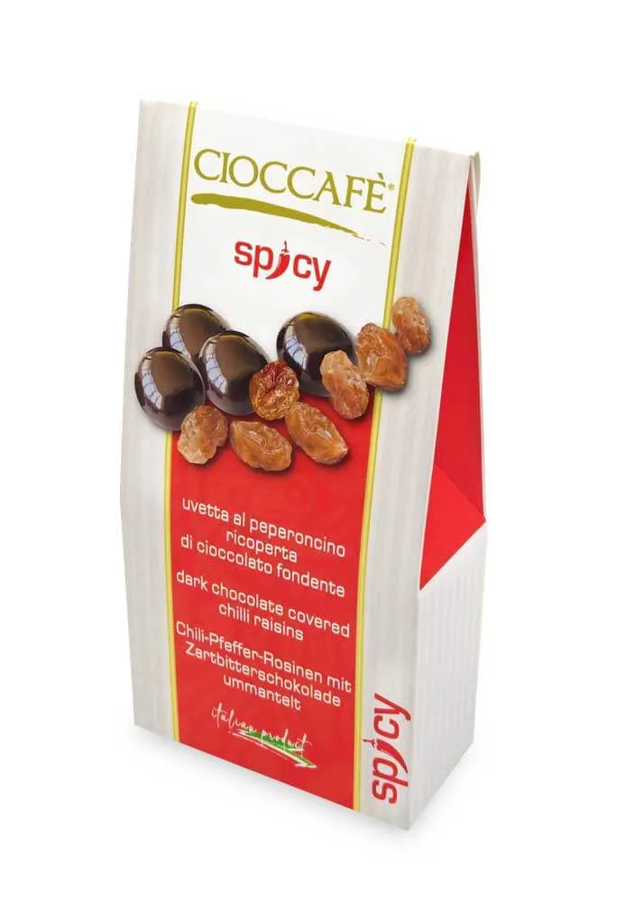Cioccafè SPICY – Uvetta al Peperoncino Ricoperta di Cioccolato Fondente 125 g