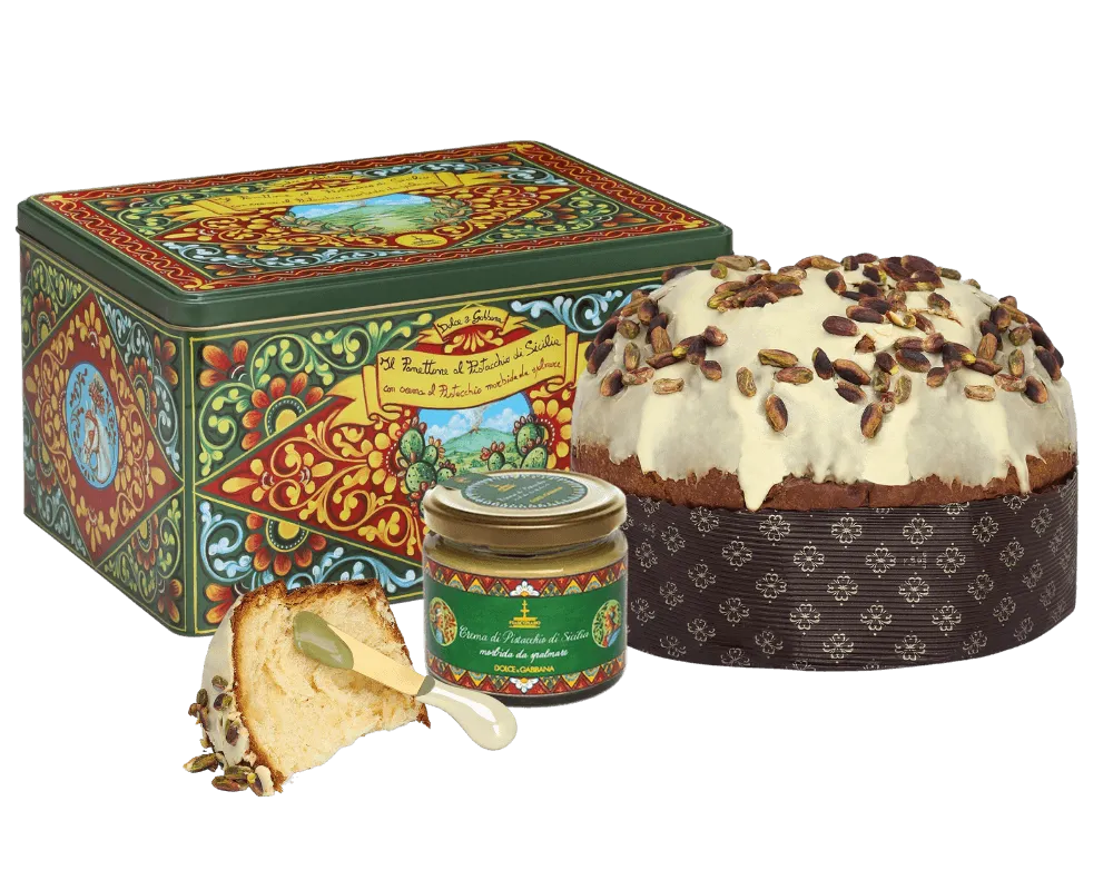 Dolce&Gabbana Sycylijski Panettone Pistacjowy 600g – Zielona Puszka z Kremem Pistacjowym