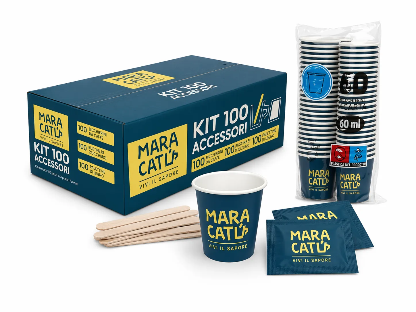 Kit Accessori Eco Maracatu - 100 Palette, 100 Bicchierini e 100 Bustine di Zucchero